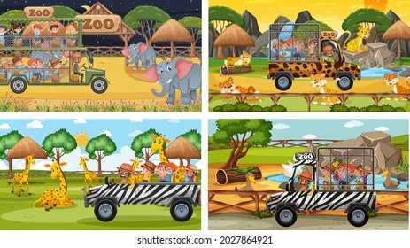 Set of different safari scenes with animals and kids cartoon character illustration