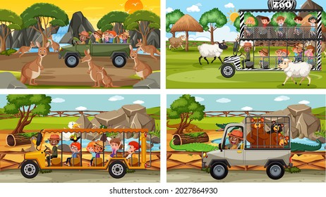 Conjunto de escenas de safari diferentes con animales y niños dibujos animados ilustraciones de personajes