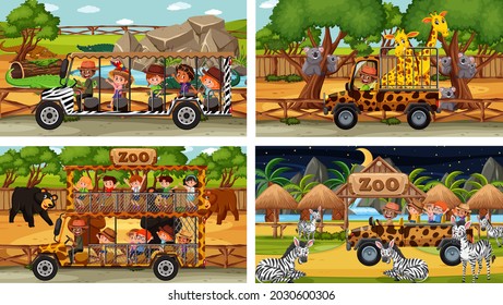 Set of different safari scenes with animals and kids cartoon character illustration