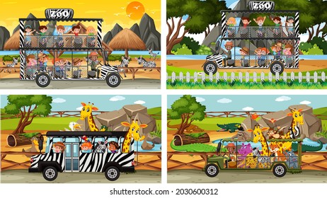 Conjunto de escenas de safari diferentes con animales y niños dibujos animados ilustraciones de personajes