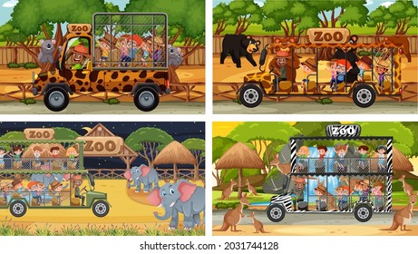 Conjunto de escenas de safari diferentes con animales y niños dibujos animados ilustraciones de personajes