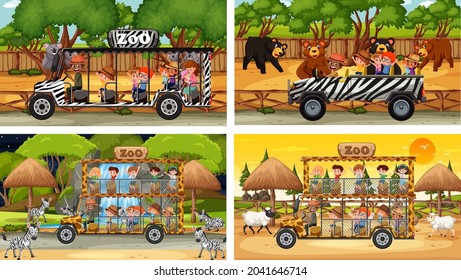Conjunto de escenas de safari diferentes con animales y niños dibujos animados ilustraciones de personajes
