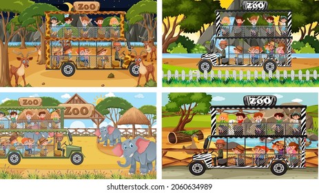 Set of different safari scenes with animals and kids cartoon character illustration