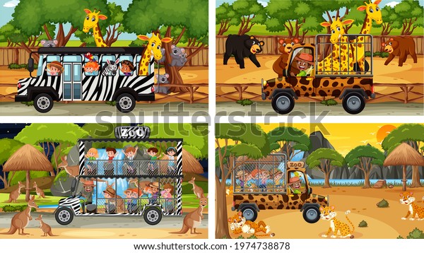 Set of different safari scenes with animals\
and kids cartoon character\
illustration