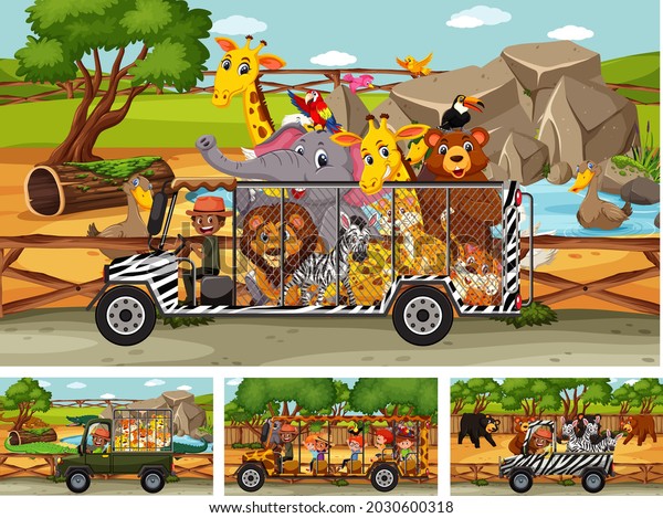 Set of different safari scenes with animals\
and kids cartoon character\
illustration