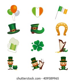 Set of different saint patrick's day icons on a white background