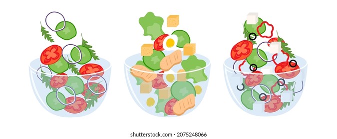 Set of Different salads: caesar, greek and vegetable salads. Flat Vector illustration.