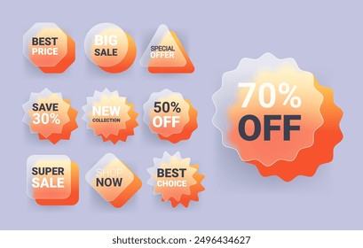 Set of different sale labels in glass morphism style. Discount badges illustration