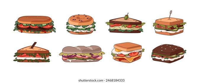 Set of different sandwiches. Delicious burgers with bacon, lettuce, tomato. Triangle toasts, bagel, baguette with ham, chicken, cheese. Fast food, snacks. Flat isolated vector illustrations on white