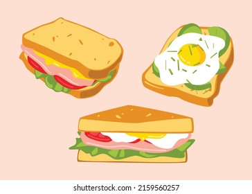 verschiedene Sandwiches. Schnellfrühstück. Vektorgrafik von Fast Food 