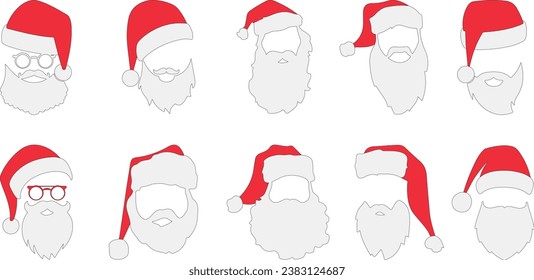Set of different Santa Claus face styles. Santa Claus Hat and Beard Set