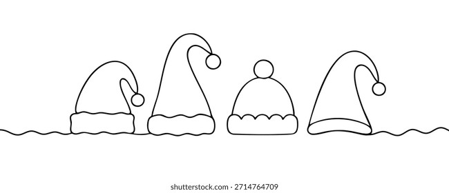 A set of different Santa Claus hats, drawn in a single line, a graphic element in a line art style, Christmas, winter, and New Year's concept. Vector illustration.