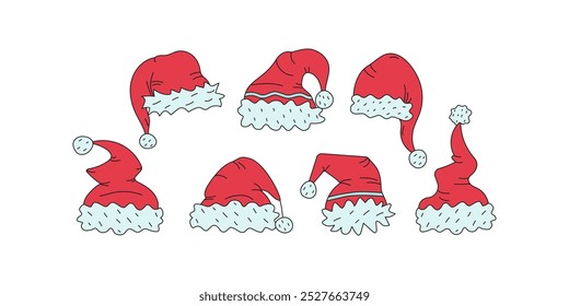 Set of different Santa hats.  Christmas hats, doodles, funny red caps, hand drawn. Vector drawing sketch of cartoon icons. Clothes, accessories holiday parties.