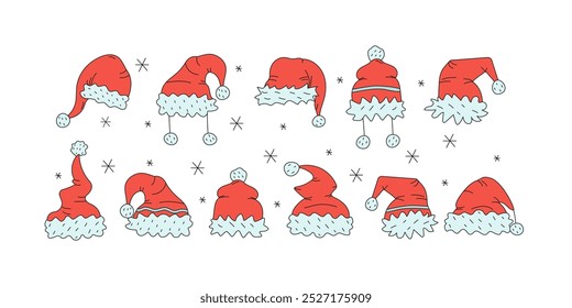 Set of different Santa hats. Collection of Santa hats drawings. Christmas hats, doodles, funny red caps, hand-drawn graphics. Vector sketches of cartoon icons. Clothes, accessories,  holiday parties.