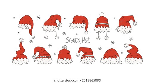 Set of different Santa hats. Hand lettering. Collection of Santa hats drawings. Christmas hats, doodles, funny red caps, hand-drawn graphics. Clothes, accessories for holiday parties.