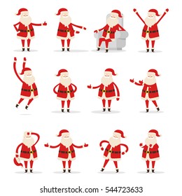 Set of different Santa movements on white background. Doing sport activities to keep fit. He wears red warm coat, trousers, soft hat and gloves, black boots and wide belt vector illustration
