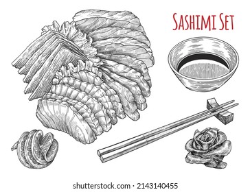 Set of different sashimi, chopsticks, soy sauce, ginger and lemon. Isolated hand drawn vector illustration.