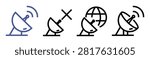 Set of different satellite dish and radar antenna line icons isolated on transparent background. Vector illustration collection for communication, technology, signal, internet and digital design
