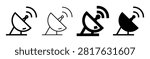 Set of different satellite dish and radar antenna line icons isolated on transparent background. Vector illustration collection for communication, technology, signal, internet and digital design