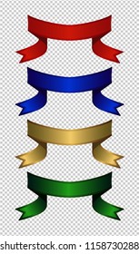 Set of different satin ribbons isolated on transparent background. Collection of flat ribbons. Red, blue, golden and green  satin blank banners. Vector illustration.