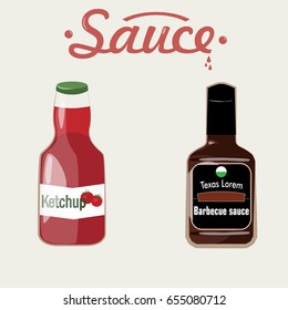 A set of different sauce. Sauce barbecue, ketchup sauce. A set of food bottles with labels.