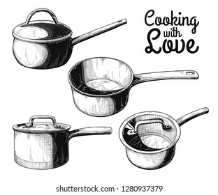 Set of different saucepans on a white background. Vector illustration