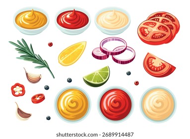 Um conjunto de diferentes molhos com especiarias aromáticas, ervas e vegetais em um fundo branco. Ilustração vetorial em eps 10. Adequado para menu, receita e livro de receitas 