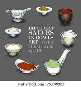 Set of different sauces in bowls. Hand drawn vector illustrations.