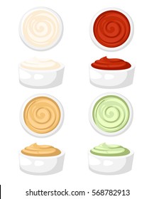 Set of different sauces ceramic dip bowl, filled mayonnaise, sweet chilli sauce, mustard, ketcup, guacamole, barbecue. carry wasabi  White background. Vector illustration