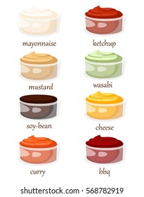 Set of different sauces ceramic dip bowl, filled mayonnaise, sweet chilli sauce, mustard, ketcup, guacamole, barbecue. carry wasabi  White background. Vector illustration