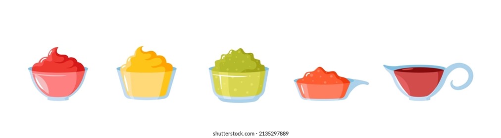 Set of Different Sauces. Chili, Ketchup, Soy, Wasabi, Mustard, Guacamole or Jalapeno Spicy Ingredients in Glass Dip Bowls. Savory Food Isolated on White Background. Cartoon Vector Illustration