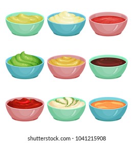 Set of different sauces in dip bowls ketchup, wasabi, creamy cheese, guacamole, mustard, chocolate, salsa, mayonnaise, curry. Dishes components. Culinary theme. Flat vector design.