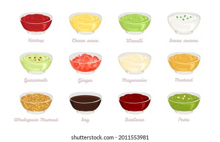 Set of different sauces and dressings in glass bowls. Vector illustration of dips in cartoon flat style.