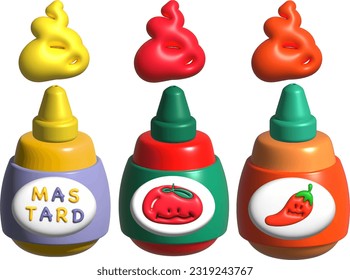 Set of different sauces and dressings in glass bowls. Vector illustration of dips in cartoon flat style.Different bottles. Hand drawn colored vector illustration. All elements are isolated