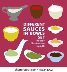 Set of different sauces. Ketchup, mayonnaise, sour cream, soy sauce, yogurt, mustard, sour cream wasabi in bowls