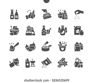 Set of different sauces and spice. Ketchup, mayonnaise, mustard, soy sauce and tartar. Menu for restaurant and cafe. Vector Solid Icons. Simple Pictogram