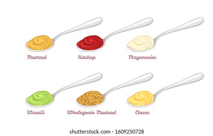 Set of different sauces in spoons isolated on a white background. Ketchup, Mustard, Mayonnaise, Cheese, Wasabi and Whole Grain Mustard. Vector cartoon flat style illustration.