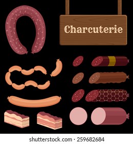 set of different sausage icons with charcuterie sign