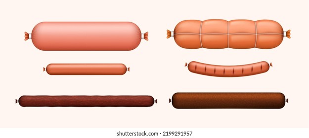 Set of different sausages realistic isolated. Tasty and fresh meat product. Bavarian, salami and frankfurter wursts collection. Nutrition and food concept. 3d vector illustration