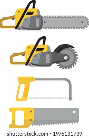 A set of different saws. Building tools. Saw for cutting wood or metal.