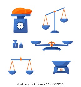 A set of different scales, weighing, weight, balance in a flat style. Vector illustration. 