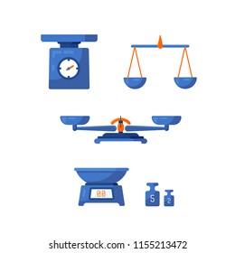 A set of different scales, weighing, weight, balance in a flat style. Vector illustration. 
