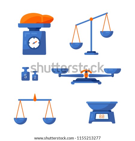 A set of different scales, weighing, weight, balance in a flat style. Vector illustration. 