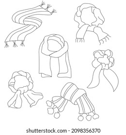 Un conjunto de bufandas diferentes. Ilustración del contorno del vector. Adecuado para postales, catálogos, creación de patrones. Por publicar en redes sociales.