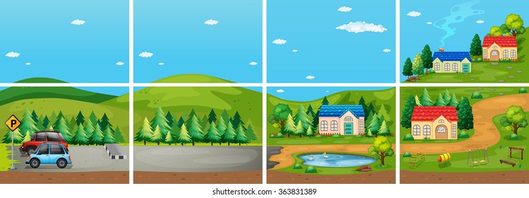 Set of different scene from the countryside illustration