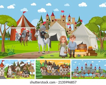 Set of different scene medieval illustration