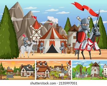 Set of different scene medieval illustration
