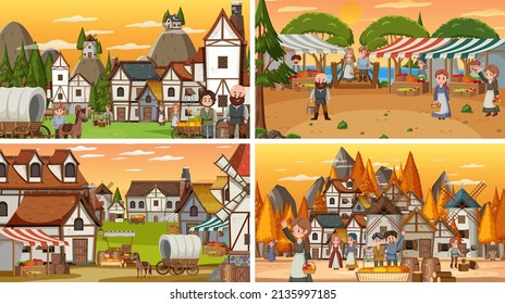 Set of different scene medieval illustration