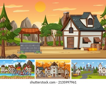 Set of different scene medieval illustration
