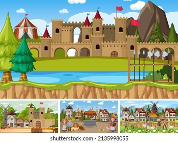 Set of different scene medieval illustration